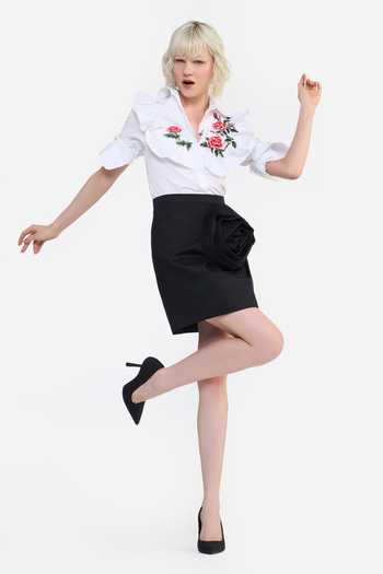 Gauri & Nainika White Cotton Collared Neck Embroidered Ruffle Bib Shirt at Aza Fashions Gauri & Nainika_White Cotton Collared Neck Embroidered Ruffle Bib Shirt _at_Aza_Fashions