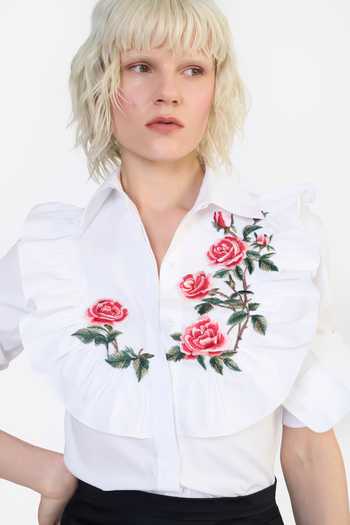 Buy Gauri & Nainika White Cotton Collared Neck Embroidered Ruffle Bib Shirt Buy_Gauri & Nainika_White Cotton Collared Neck Embroidered Ruffle Bib Shirt