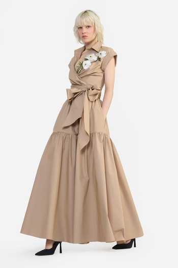 Gauri & Nainika Beige Cotton Collared Neck Embroidered Cropped Wrap Shirt at Aza Fashions Gauri & Nainika_Beige Cotton Collared Neck Embroidered Cropped Wrap Shirt _at_Aza_Fashions