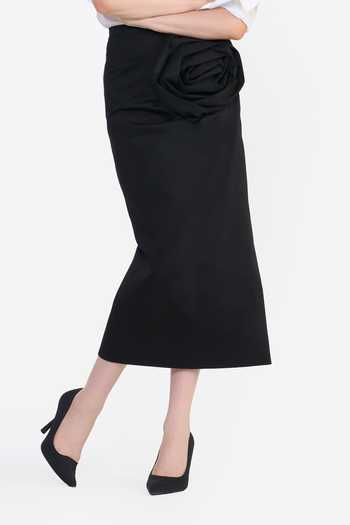 Gauri & Nainika_Black Cotton Fabric Flowers Rosette Draped Column Skirt _Online_at_Aza_Fashions