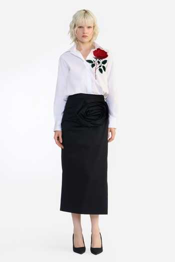 Buy_Gauri & Nainika_Black Cotton Fabric Flowers Rosette Draped Column Skirt _Online_at_Aza_Fashions