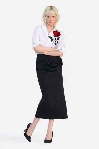 Shop_Gauri & Nainika_Black Cotton Fabric Flowers Rosette Draped Column Skirt _Online_at_Aza_Fashions