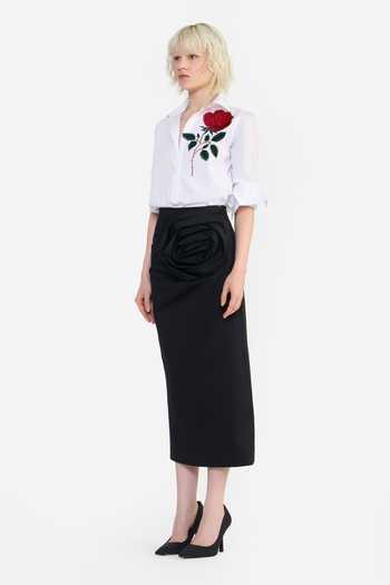 Gauri & Nainika_Black Cotton Fabric Flowers Rosette Draped Column Skirt _at_Aza_Fashions