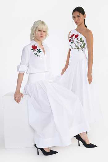 Buy Gauri & Nainika White Cotton Fabric Flowers Draped Skirt Buy_Gauri & Nainika_White Cotton Fabric Flowers Draped Skirt