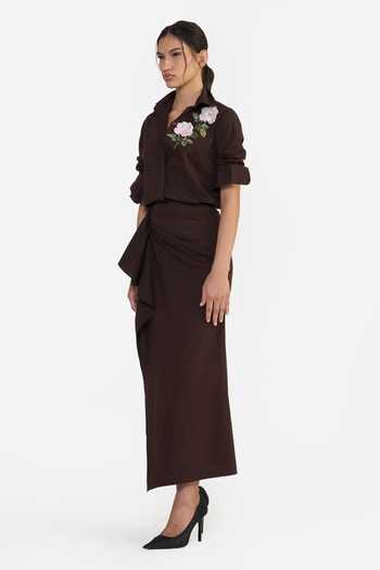 Shop Gauri & Nainika Brown Cotton Asymmetric Draped Skirt Online at Aza Fashions Shop_Gauri & Nainika_Brown Cotton Asymmetric Draped Skirt _Online_at_Aza_Fashions