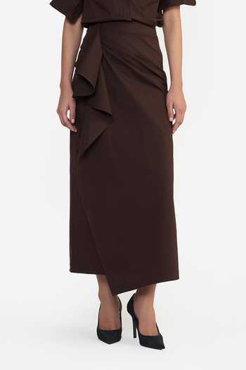 Gauri & Nainika Brown Cotton Asymmetric Draped Skirt at Aza Fashions Gauri & Nainika_Brown Cotton Asymmetric Draped Skirt _at_Aza_Fashions