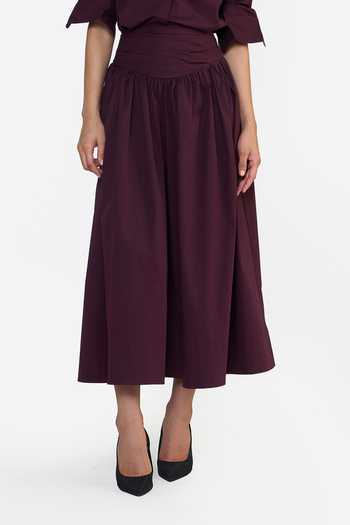 Shop Gauri & Nainika Burgundy Cotton Draped Midi Skirt Online at Aza Fashions Shop_Gauri & Nainika_Burgundy Cotton Draped Midi Skirt _Online_at_Aza_Fashions