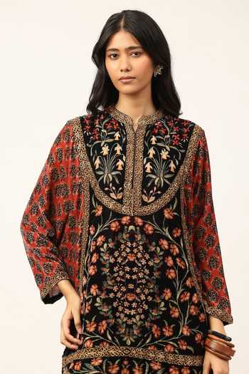 Buy Ritu Kumar Green Silk, Velvet Mandarin Collar, Yes Black Rust Albina Kurta With Pant Buy_Ritu Kumar_Green Silk, Velvet Mandarin Collar, Yes Black Rust Albina Kurta With Pant