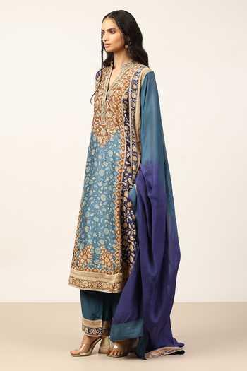 Ritu Kumar Blue Silk, Crepe, Rayon, Viscose Mandarin Collar, Floral Garden Print Kurta Set Online at Aza Fashions Ritu Kumar_Blue Silk, Crepe, Rayon, Viscose Mandarin Collar, Floral Garden Print Kurta Set _Online_at_Aza_Fashions