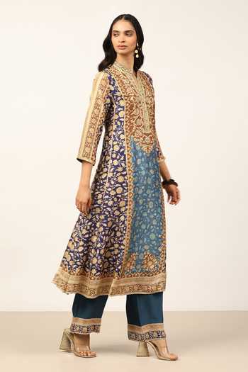 Buy Ritu Kumar Blue Silk, Crepe, Rayon, Viscose Mandarin Collar, Floral Garden Print Kurta Set Online at Aza Fashions Buy_Ritu Kumar_Blue Silk, Crepe, Rayon, Viscose Mandarin Collar, Floral Garden Print Kurta Set _Online_at_Aza_Fashions