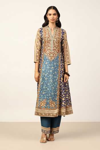 Shop Ritu Kumar Blue Silk, Crepe, Rayon, Viscose Mandarin Collar, Floral Garden Print Kurta Set Online at Aza Fashions Shop_Ritu Kumar_Blue Silk, Crepe, Rayon, Viscose Mandarin Collar, Floral Garden Print Kurta Set _Online_at_Aza_Fashions