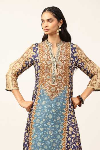 Buy Ritu Kumar Blue Silk, Crepe, Rayon, Viscose Mandarin Collar, Floral Garden Print Kurta Set Buy_Ritu Kumar_Blue Silk, Crepe, Rayon, Viscose Mandarin Collar, Floral Garden Print Kurta Set