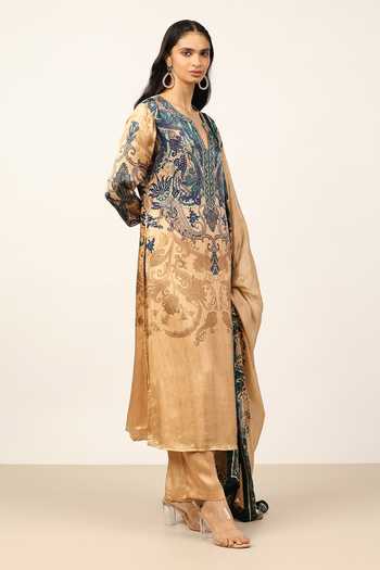 Ritu Kumar_Beige Silk, Crepe, Satin, Viscose, Chinon V-neck Valerie Printed Kurta Set _Online_at_Aza_Fashions
