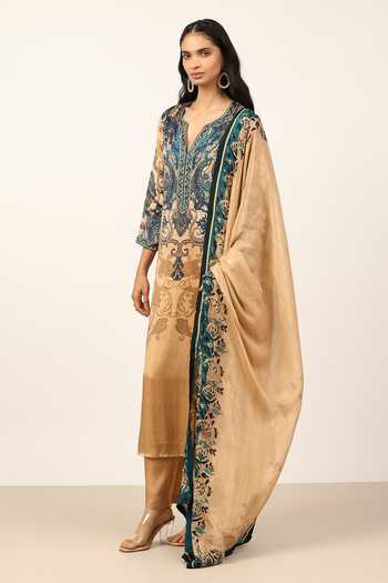 Buy_Ritu Kumar_Beige Silk, Crepe, Satin, Viscose, Chinon V-neck Valerie Printed Kurta Set _Online_at_Aza_Fashions
