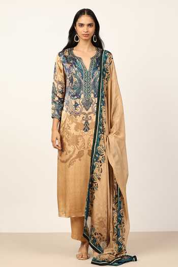 Shop_Ritu Kumar_Beige Silk, Crepe, Satin, Viscose, Chinon V-neck Valerie Printed Kurta Set _Online_at_Aza_Fashions