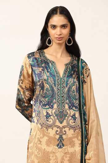Ritu Kumar_Beige Silk, Crepe, Satin, Viscose, Chinon V-neck Valerie Printed Kurta Set _at_Aza_Fashions