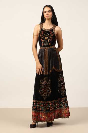 Ritu Kumar Black Silk Round Neck Rust Albina Dress Online at Aza Fashions Ritu Kumar_Black Silk Round Neck Rust Albina Dress _Online_at_Aza_Fashions