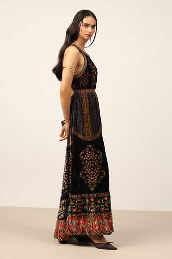 Shop Ritu Kumar Black Silk Round Neck Rust Albina Dress Online at Aza Fashions Shop_Ritu Kumar_Black Silk Round Neck Rust Albina Dress _Online_at_Aza_Fashions