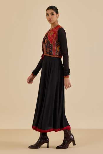 Ritu Kumar_Red Silk Mandarin Collar, Round Neck Black And Burgundy Apsara Dress With Jacket _Online_at_Aza_Fashions