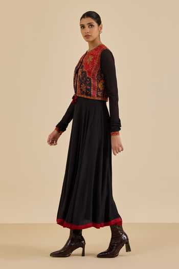 Buy_Ritu Kumar_Red Silk Mandarin Collar, Round Neck Black And Burgundy Apsara Dress With Jacket _Online_at_Aza_Fashions