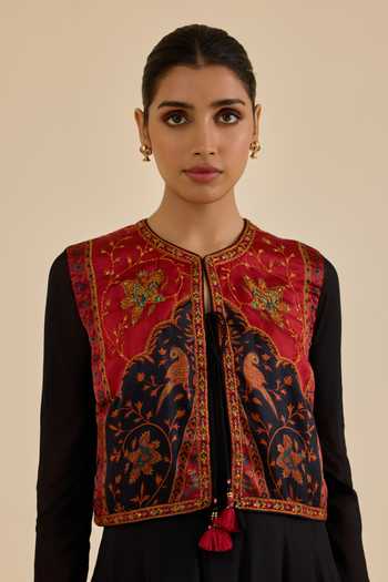 Shop_Ritu Kumar_Red Silk Mandarin Collar, Round Neck Black And Burgundy Apsara Dress With Jacket _Online_at_Aza_Fashions