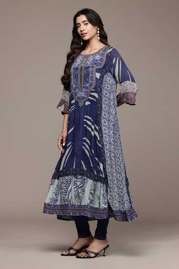 Ritu Kumar Blue Viscose, Lycra, Jersey Round Neck, Yes Cascade Kurta Leggings Set Online at Aza Fashions Ritu Kumar_Blue Viscose, Lycra, Jersey Round Neck, Yes Cascade Kurta Leggings Set _Online_at_Aza_Fashions