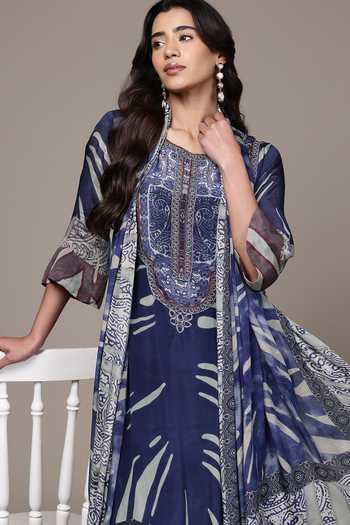 Ritu Kumar Blue Viscose, Lycra, Jersey Round Neck, Yes Cascade Kurta Leggings Set at Aza Fashions Ritu Kumar_Blue Viscose, Lycra, Jersey Round Neck, Yes Cascade Kurta Leggings Set _at_Aza_Fashions