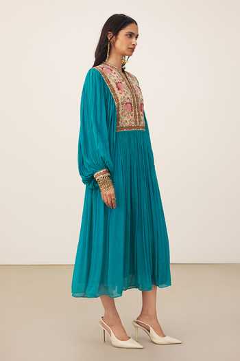 Ritu Kumar_Teal Viscose Mandarin Collar, Split V-neck Iris Solid Full Sleeves Long Dress _Online_at_Aza_Fashions