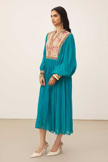 Buy_Ritu Kumar_Teal Viscose Mandarin Collar, Split V-neck Iris Solid Full Sleeves Long Dress _Online_at_Aza_Fashions