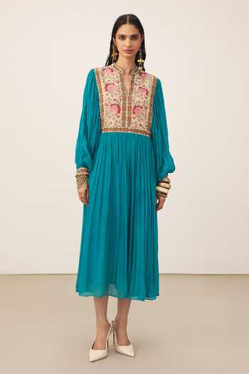 Shop_Ritu Kumar_Teal Viscose Mandarin Collar, Split V-neck Iris Solid Full Sleeves Long Dress _Online_at_Aza_Fashions