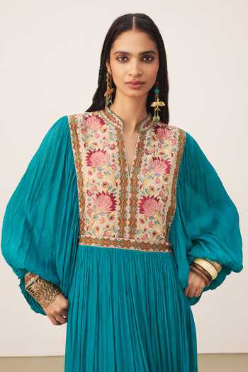 Ritu Kumar_Teal Viscose Mandarin Collar, Split V-neck Iris Solid Full Sleeves Long Dress _at_Aza_Fashions