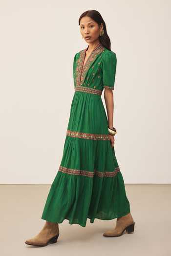 Ritu Kumar Green Cotton V-neck Lara Embroidered Long Dress Online at Aza Fashions Ritu Kumar_Green Cotton V-neck Lara Embroidered Long Dress _Online_at_Aza_Fashions