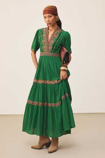 Buy Ritu Kumar Green Cotton V-neck Lara Embroidered Long Dress Online at Aza Fashions Buy_Ritu Kumar_Green Cotton V-neck Lara Embroidered Long Dress _Online_at_Aza_Fashions
