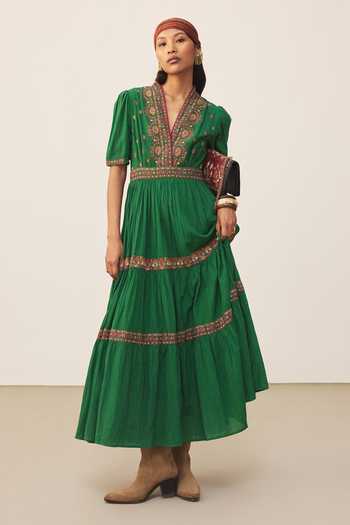 Ritu Kumar Green Lara Embroidered Long Dress