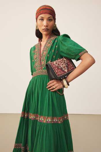 Shop Ritu Kumar Green Cotton V-neck Lara Embroidered Long Dress Online at Aza Fashions Shop_Ritu Kumar_Green Cotton V-neck Lara Embroidered Long Dress _Online_at_Aza_Fashions
