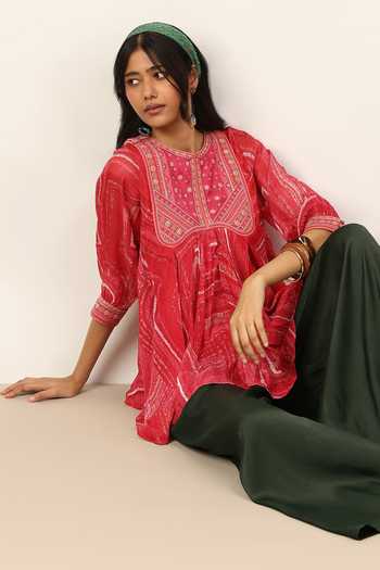 Buy_Ritu Kumar_Pink Viscose Round Neck Ujwal Kurta With Inner _Online_at_Aza_Fashions
