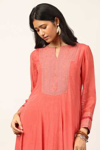 Shop Ritu Kumar Pink Viscose, Chinon, Lycra, Jersey, Chiffon Split Leena Kurta Leggings Set Online at Aza Fashions Shop_Ritu Kumar_Pink Viscose, Chinon, Lycra, Jersey, Chiffon Split Leena Kurta Leggings Set _Online_at_Aza_Fashions