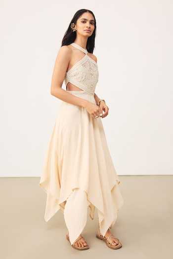 Ritu Kumar Off White Crinkle Halter Neck Ecru Nila Long Dress Online at Aza Fashions Ritu Kumar_Off White Crinkle Halter Neck Ecru Nila Long Dress _Online_at_Aza_Fashions