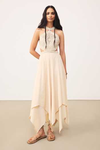 Buy Ritu Kumar Off White Crinkle Halter Neck Ecru Nila Long Dress Online at Aza Fashions Buy_Ritu Kumar_Off White Crinkle Halter Neck Ecru Nila Long Dress _Online_at_Aza_Fashions
