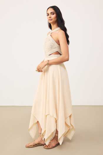 Shop Ritu Kumar Off White Crinkle Halter Neck Ecru Nila Long Dress Online at Aza Fashions Shop_Ritu Kumar_Off White Crinkle Halter Neck Ecru Nila Long Dress _Online_at_Aza_Fashions