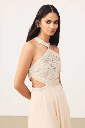 Ritu Kumar Off White Crinkle Halter Neck Ecru Nila Long Dress at Aza Fashions Ritu Kumar_Off White Crinkle Halter Neck Ecru Nila Long Dress _at_Aza_Fashions
