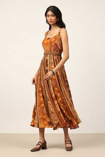 Ritu Kumar Brown Viscose Square Neck Pitchhpatch Long Dress Online at Aza Fashions Ritu Kumar_Brown Viscose Square Neck Pitchhpatch Long Dress _Online_at_Aza_Fashions