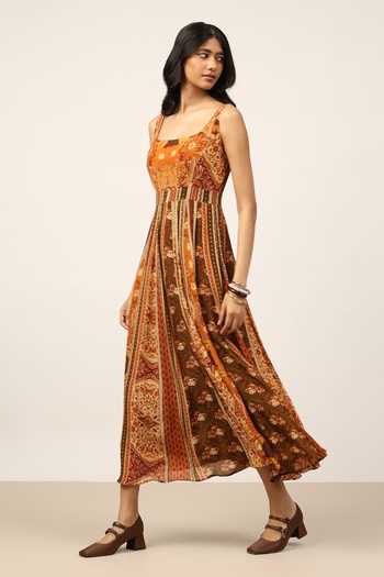 Buy Ritu Kumar Brown Viscose Square Neck Pitchhpatch Long Dress Online at Aza Fashions Buy_Ritu Kumar_Brown Viscose Square Neck Pitchhpatch Long Dress _Online_at_Aza_Fashions