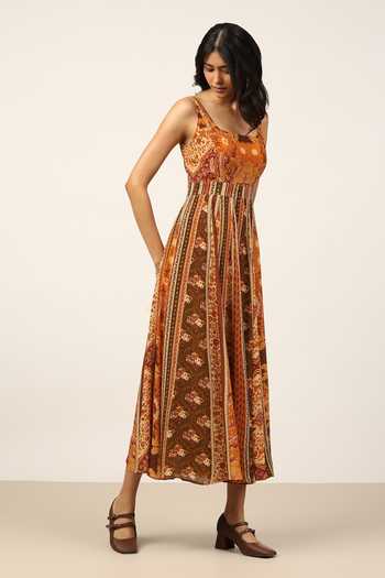 Shop Ritu Kumar Brown Viscose Square Neck Pitchhpatch Long Dress Online at Aza Fashions Shop_Ritu Kumar_Brown Viscose Square Neck Pitchhpatch Long Dress _Online_at_Aza_Fashions