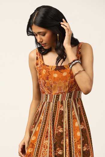 Ritu Kumar Brown Viscose Square Neck Pitchhpatch Long Dress at Aza Fashions Ritu Kumar_Brown Viscose Square Neck Pitchhpatch Long Dress _at_Aza_Fashions