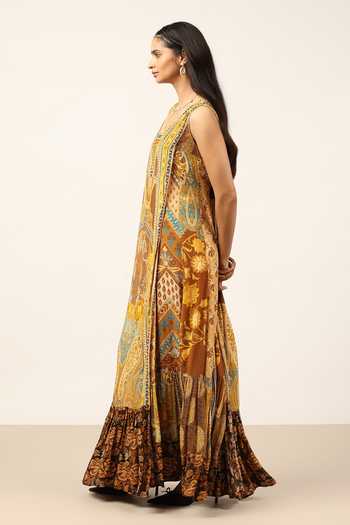 Ritu Kumar Yellow Viscose V-neck Pitchhpatch Long Dress Online at Aza Fashions Ritu Kumar_Yellow Viscose V-neck Pitchhpatch Long Dress _Online_at_Aza_Fashions