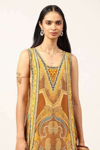 Shop Ritu Kumar Yellow Viscose V-neck Pitchhpatch Long Dress Online at Aza Fashions Shop_Ritu Kumar_Yellow Viscose V-neck Pitchhpatch Long Dress _Online_at_Aza_Fashions