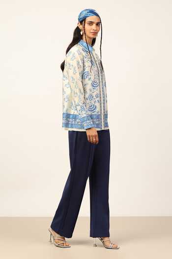 Ritu Kumar Blue Chanderi Collared Neck Ecru Himagri Full Sleeve Shirt Online at Aza Fashions Ritu Kumar_Blue Chanderi Collared Neck Ecru Himagri Full Sleeve Shirt _Online_at_Aza_Fashions