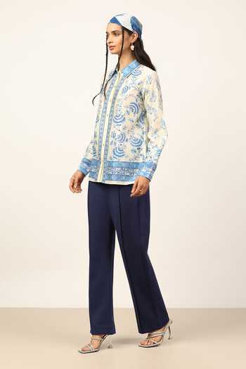 Buy Ritu Kumar Blue Chanderi Collared Neck Ecru Himagri Full Sleeve Shirt Online at Aza Fashions Buy_Ritu Kumar_Blue Chanderi Collared Neck Ecru Himagri Full Sleeve Shirt _Online_at_Aza_Fashions