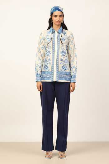 Shop Ritu Kumar Blue Chanderi Collared Neck Ecru Himagri Full Sleeve Shirt Online at Aza Fashions Shop_Ritu Kumar_Blue Chanderi Collared Neck Ecru Himagri Full Sleeve Shirt _Online_at_Aza_Fashions